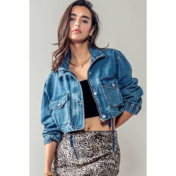 Urban Daizy Utility Cropped Drawstring Hem Stand Collar Denim Jacket - Picture 5 of 16